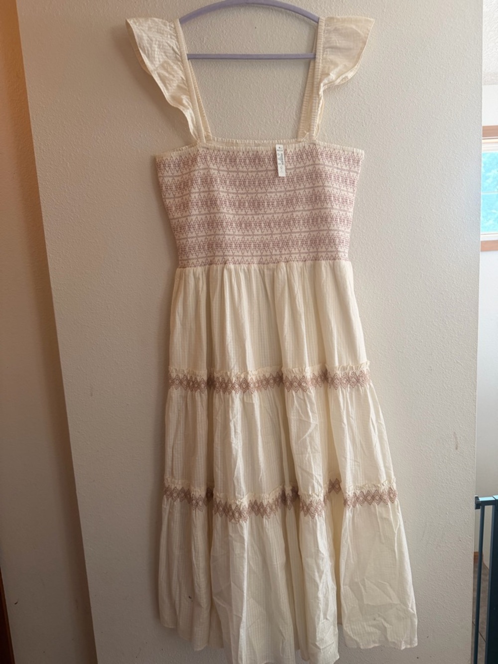 Madewell Cream Midi Dress with Blush Embroidery